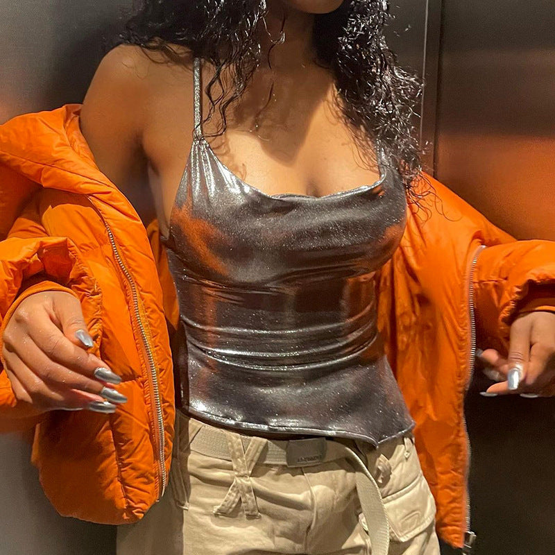 Damen glänzendes Satin-Top mit schmalen Spaghettiträgern R&B