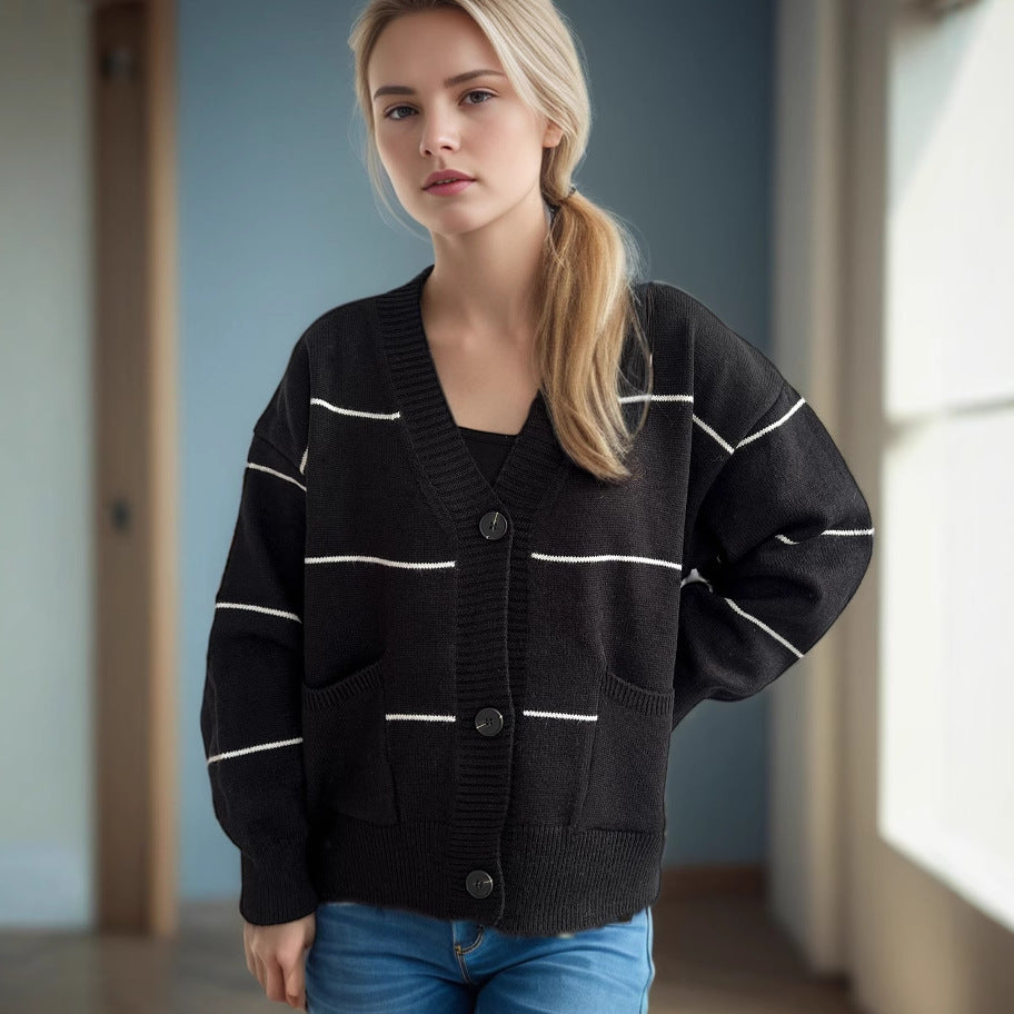 Damen lässige Strickjacke mit praktischen Taschen und modischen Kontraststreifen R&B