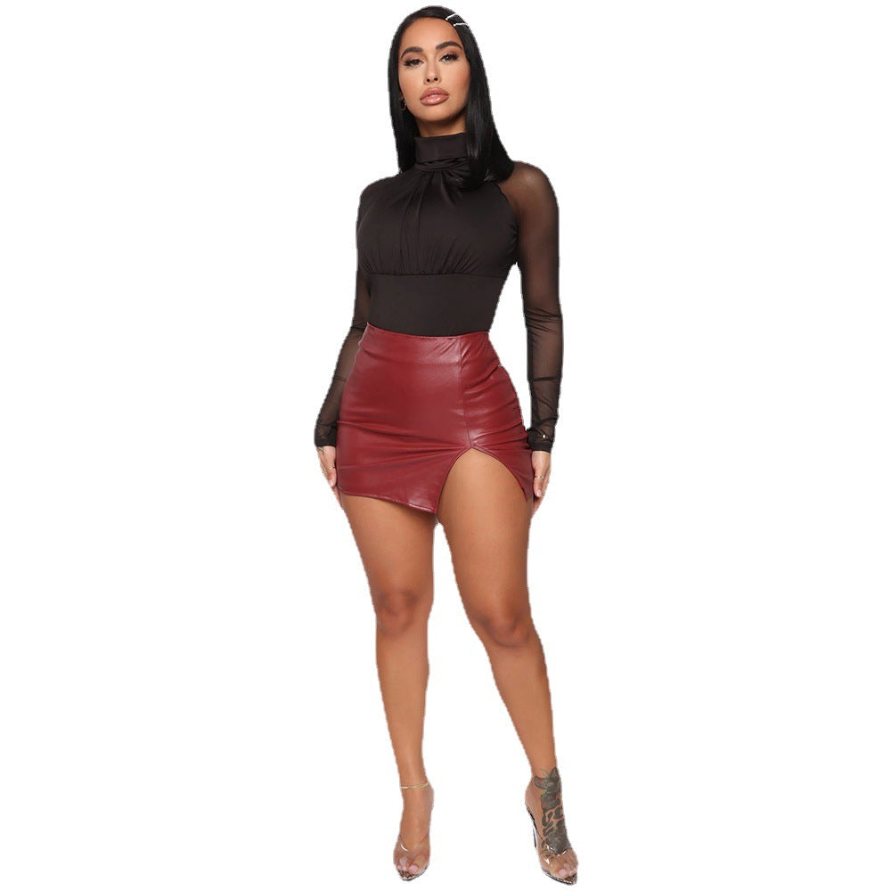 Damen Kunstleder Minirock mit asymmetrischem Schlitz und hohem Taillenbund R&B