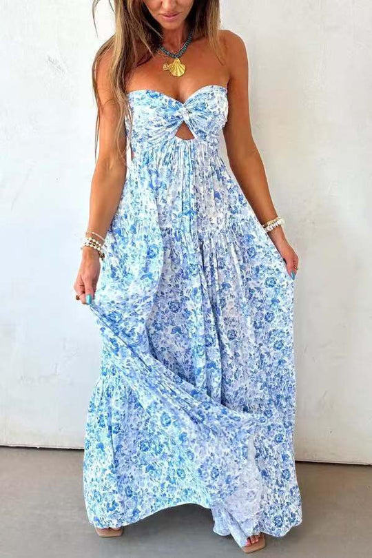 Damen nan trägerloses gedrehtes Bustier-Maxikleid mit Cut-out und mehrlagigem Stufenrock in leichter Crinkle-Qualität R&B