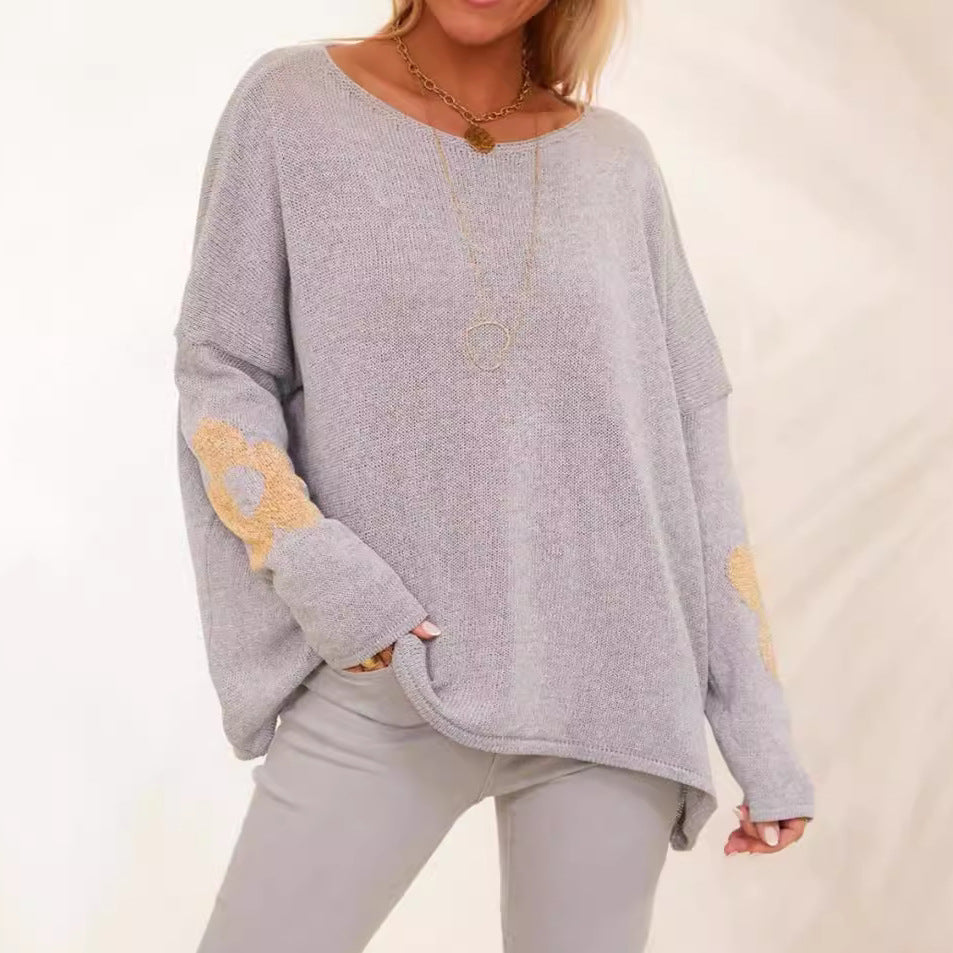 Damen grob gestrickter Pullover mit floralem Design und weitem Schnitt R&B