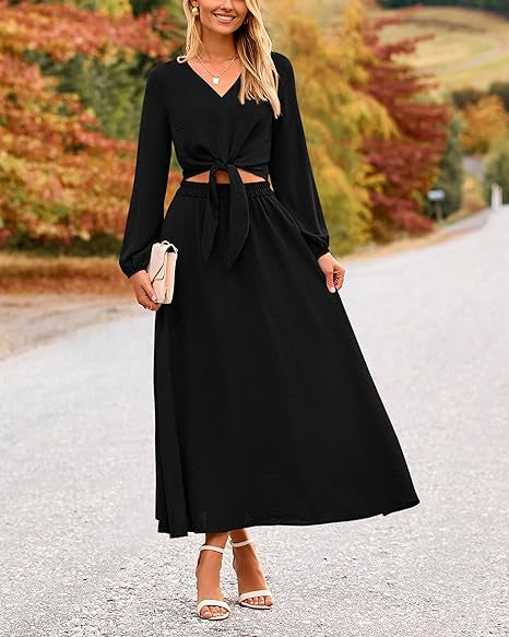 Damen Binde-Kleid mit langen Ärmeln und Rundhalsausschnitt R&B
