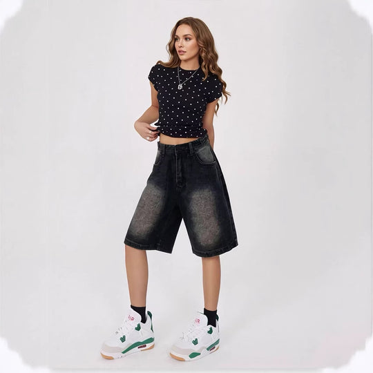 Damen lässige Denim-Shorts mit hohem Bund und weitem Schnitt R&B