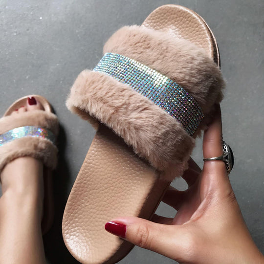 Damen Flauscher Slides mit Strass-Applikation R&B