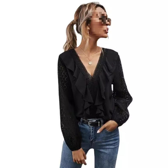 Damen Rüschenbluse mit transparenten Ärmeln und feinen Spitzenakzenten R&B