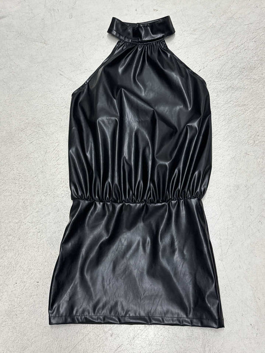 Damen ärmelloses Kunstlederkleid mit modernem Stehkragen R&B