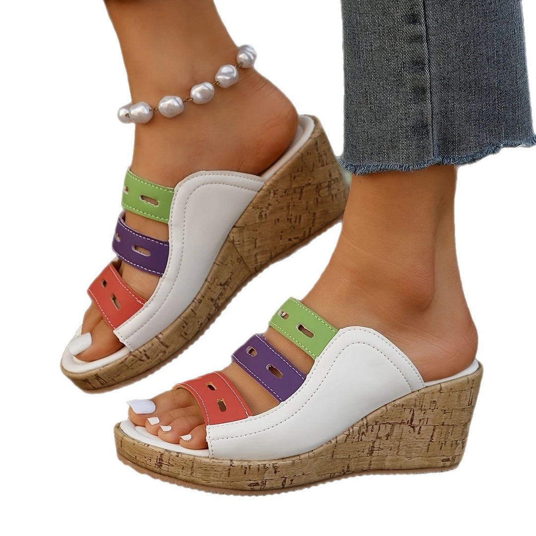 Damen Wedge-Pantoletten mit buntem Riemendesign und Korksohle R&B