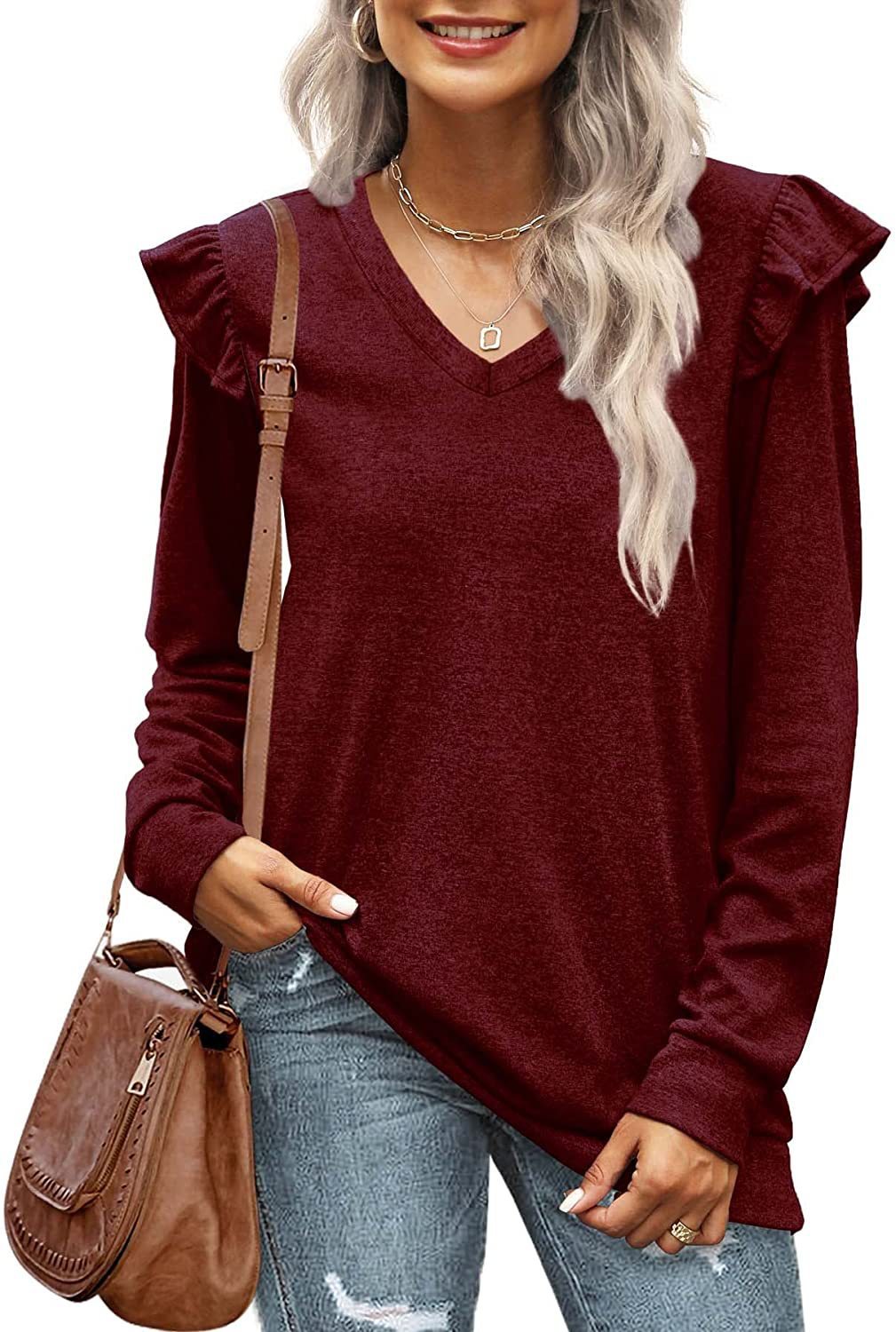 Damen V-Ausschnitt Langarmshirt mit Rüschendetails und lockerem Schnitt R&B