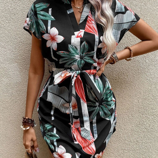 Damen lässiges Kurzarmkleid mit Bindegürtel und floralem Muster R&B
