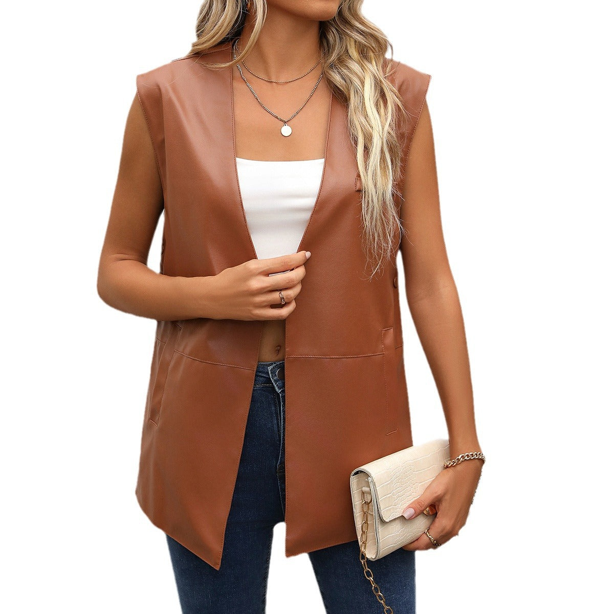 Damen Modischer Long-Style Weste aus Kunstleder