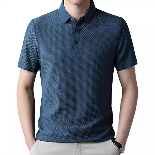Herren nan strukturiertes Kurzarm-Polo mit spitzem Hemdkragen und Dreiknopfblende R&B