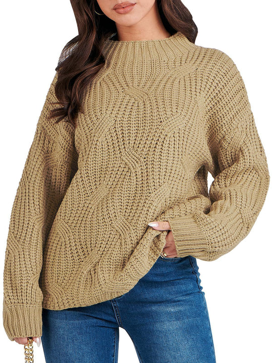 Damen Grobstrickpullover mit extravagantem Wellenmuster und hohem Kragen R&B