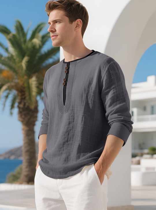 Herren nan lässiges Leinenmix-Langarmshirt mit dekorativer Knopfleiste und Ziersteppung R&B