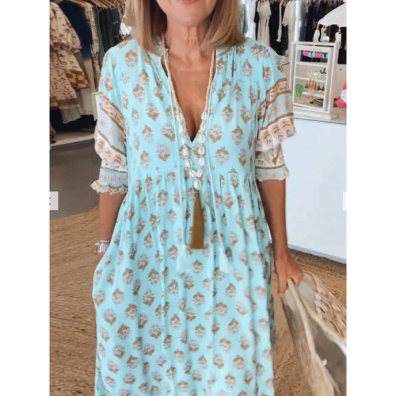 Damen Boho-Stil Kleid mit geflochtener Schnürung und handgefertigten Details R&B