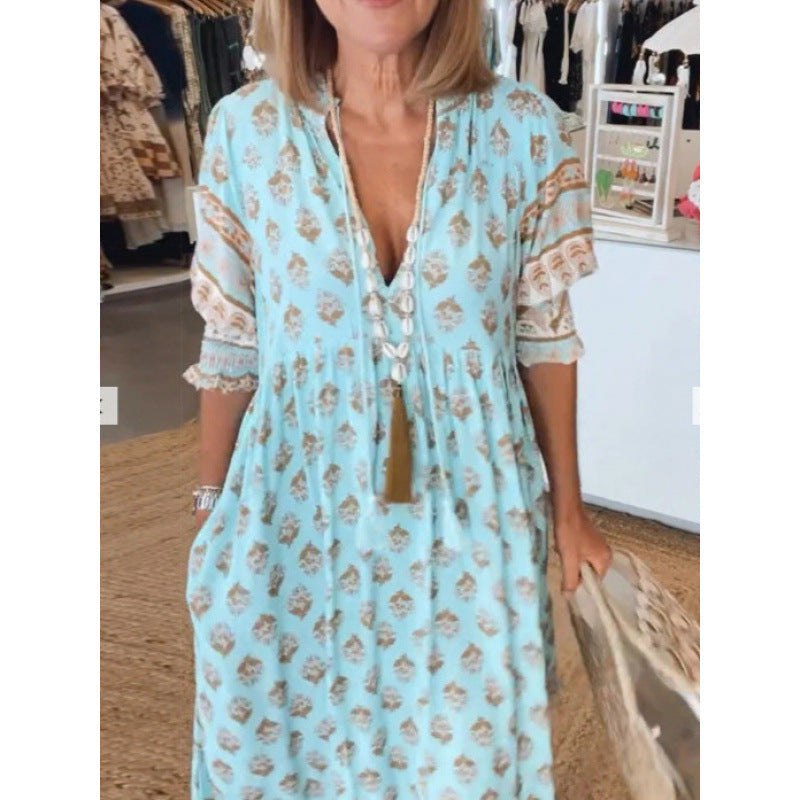 Damen Boho-Stil Kleid mit geflochtener Schnürung und handgefertigten Details R&B