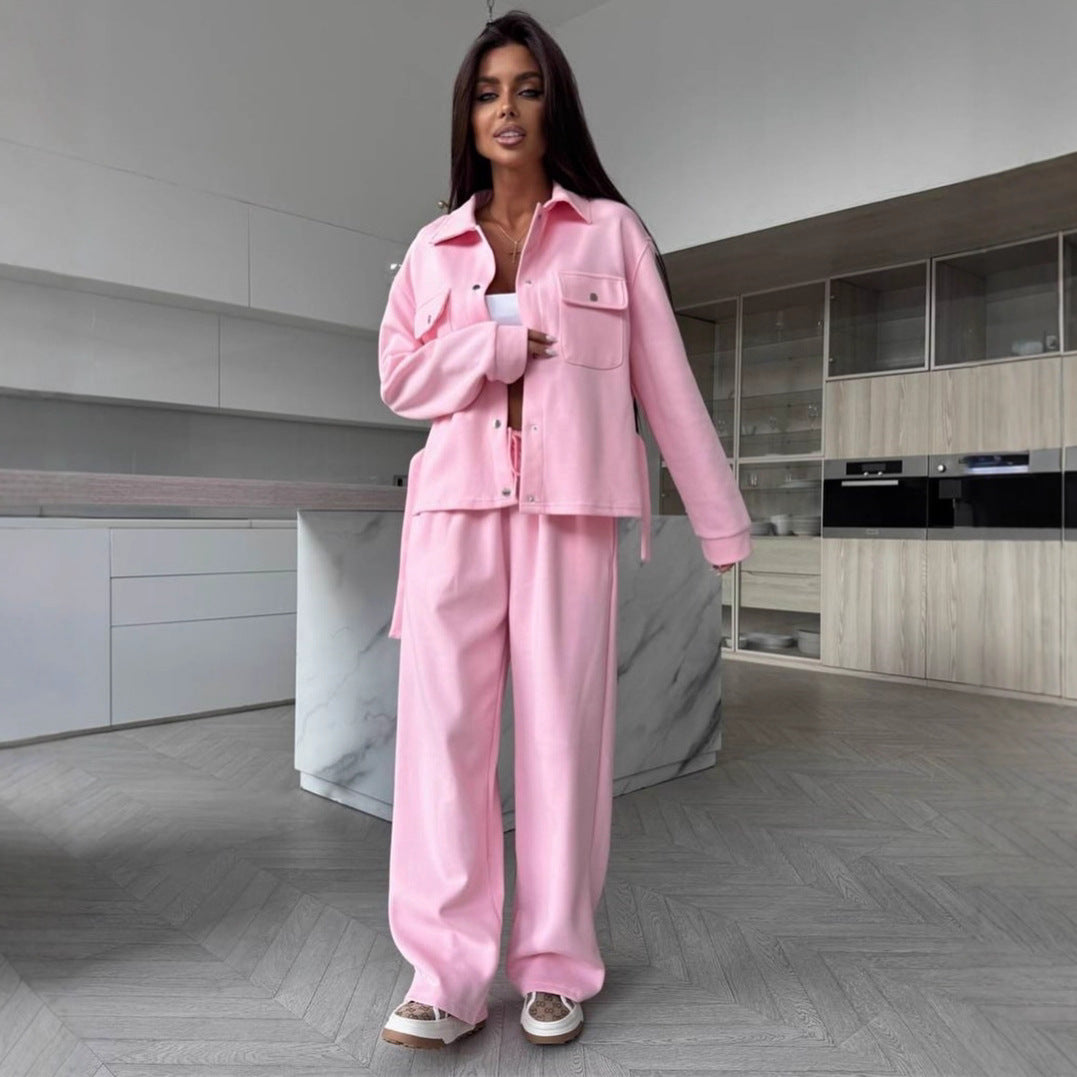 Damen elegantes Loungewear-Set mit Taillengürtel und praktischen Taschen R&B