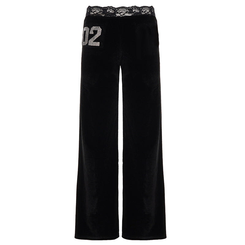 Damen elegante Flared-Hose aus weichem Material mit Spitzenbund und Glitzerakzenten R&B