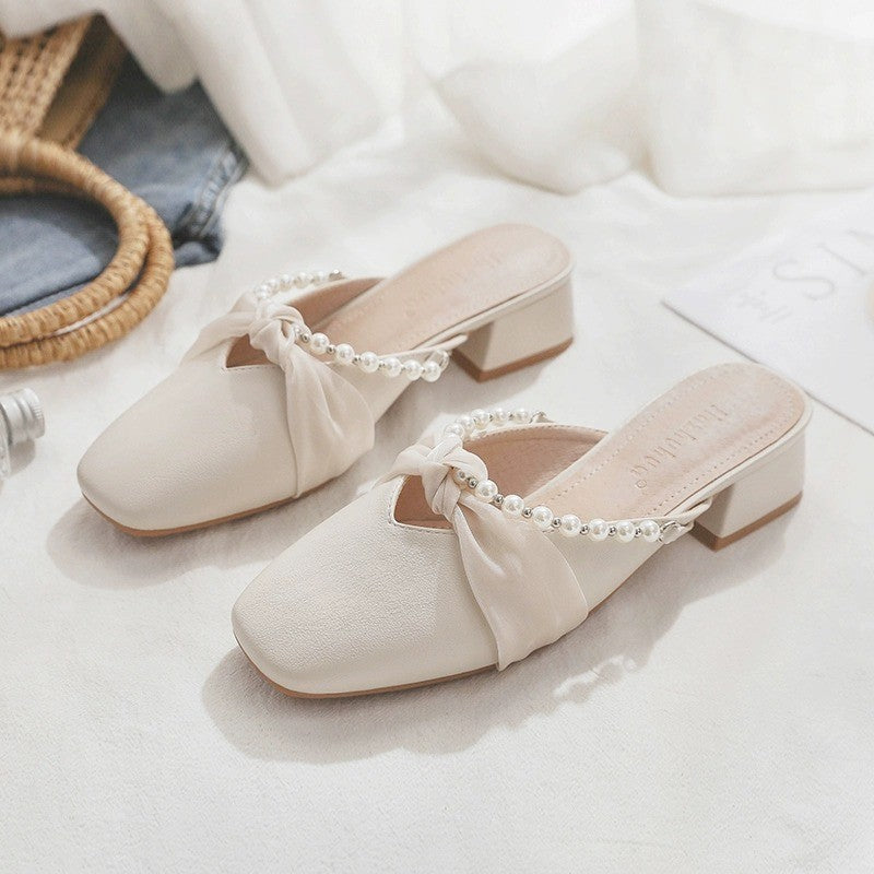 Damen Elegante Mules mit modischem Perlenverzierung und kreativen Schleifen R&B