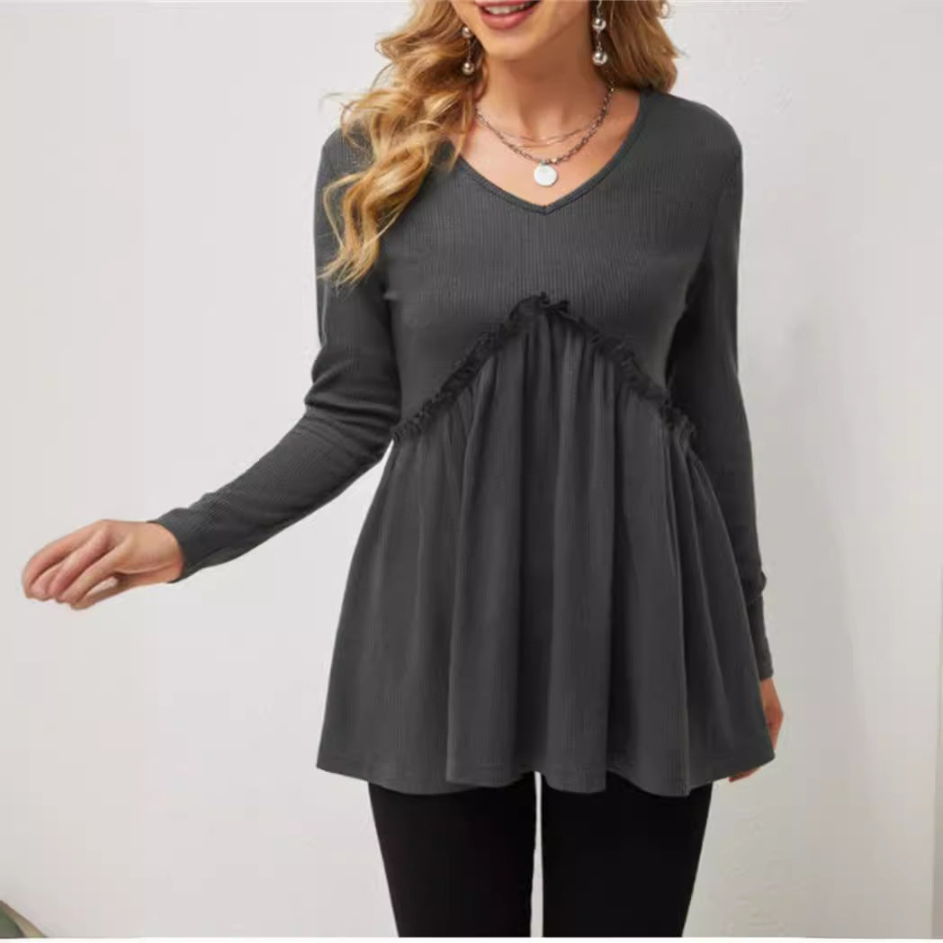 Damen V-Ausschnitt Langarmshirt mit Rüschendetail R&B