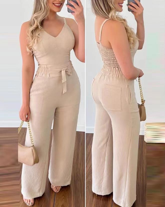 Damen Jumpsuit mit breiten Beinen und Schärpe R&B