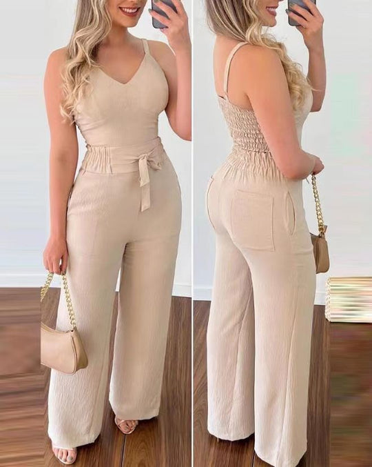 Damen Jumpsuit mit breiten Beinen und Schärpe R&B