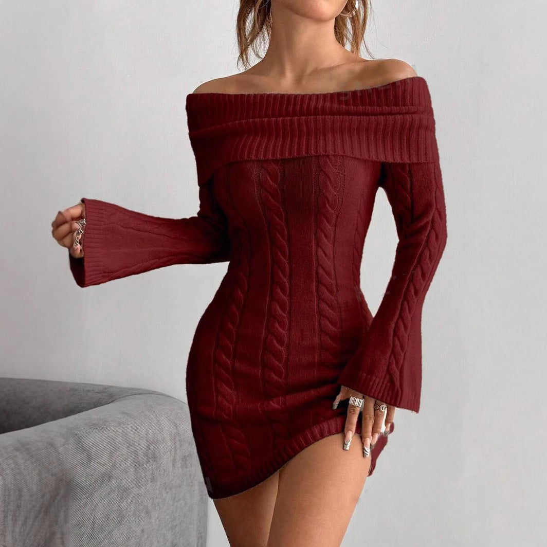 Damen figurbetontes Strickkleid mit weitem Ausschnitt R&B