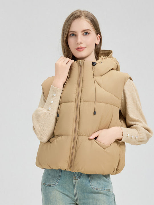 Damen gesteppte Weste mit abnehmbarer Kapuze und seitlichen Eingrifftaschen R&B
