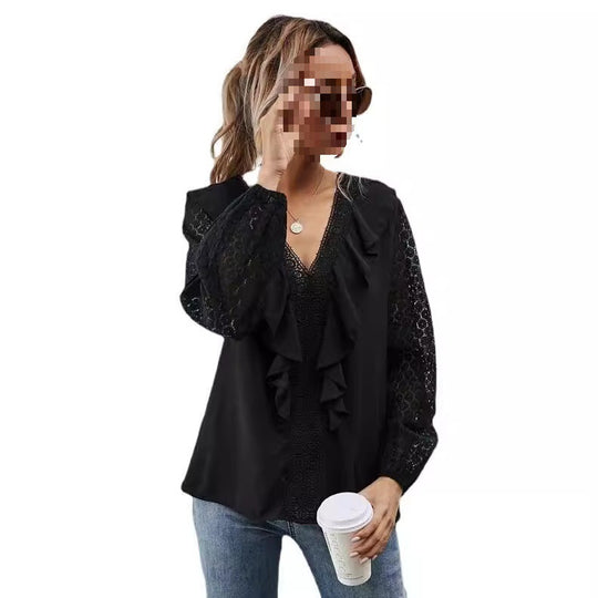 Damen Rüschenbluse mit transparenten Ärmeln und feinen Spitzenakzenten R&B