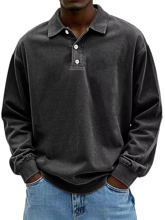 Herren nan lässiges Poloshirt-Sweatshirt mit Kragen, Vintage-Waschung und dreiteiliger Knopfleiste R&B
