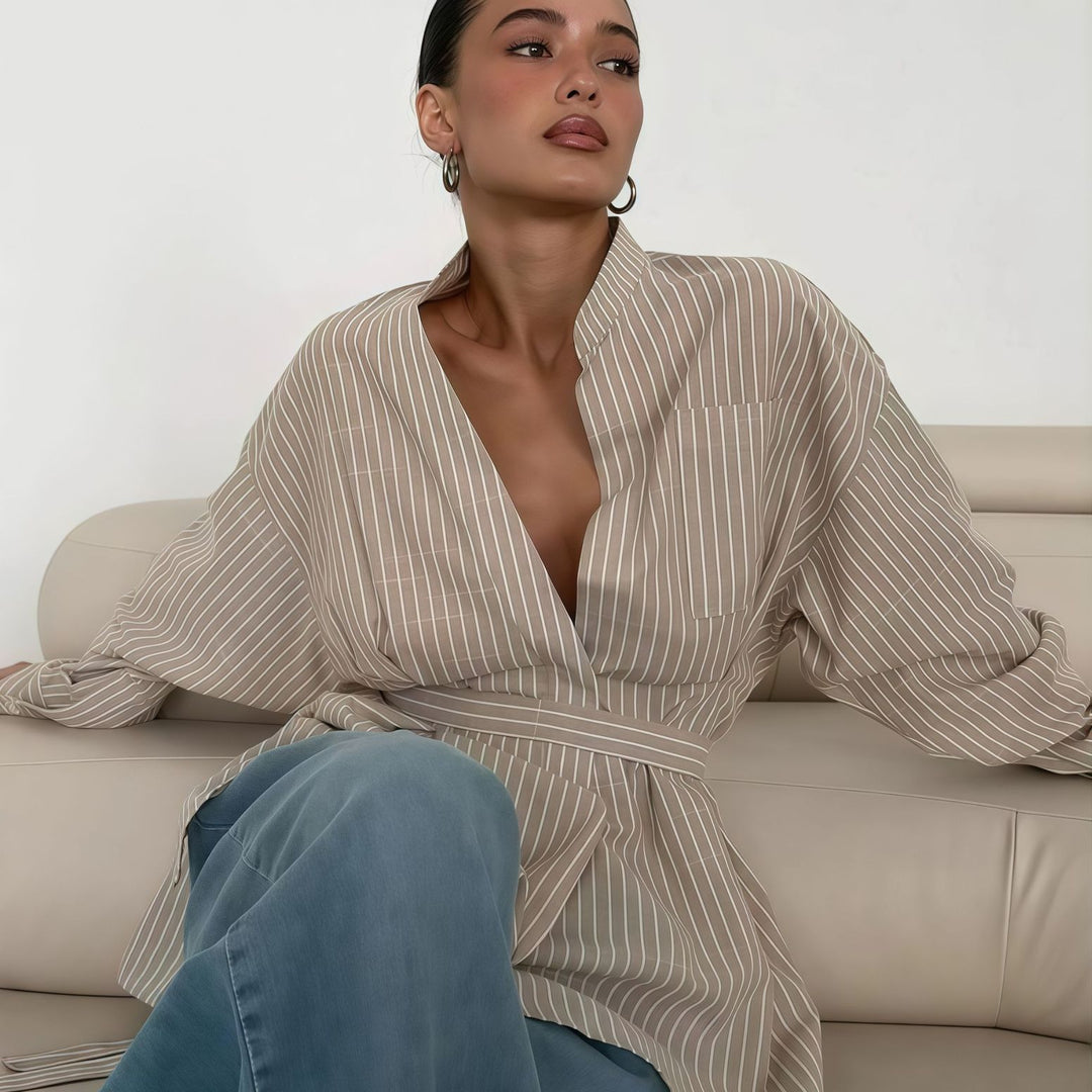 Damen elegante Bluse mit tailliertem Schnitt und Gürtel R&B