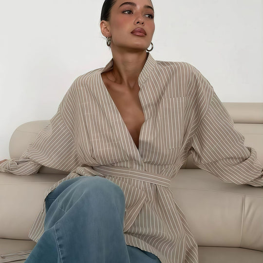 Damen elegante Bluse mit tailliertem Schnitt und Gürtel R&B