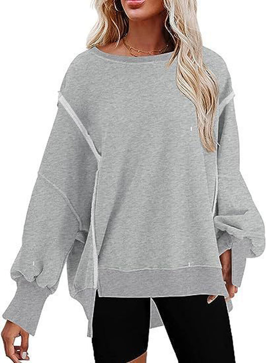 Damen lässiger Sweatshirt mit Ballonärmeln und seitlichen Schlitzen R&B
