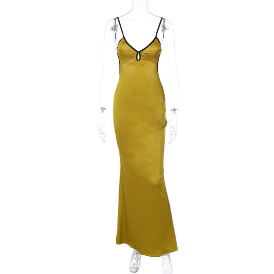 Damen Elegantes Satin-Maxikleid mit verstellbaren Spaghettiträgern und tiefem V-Ausschnitt R&B