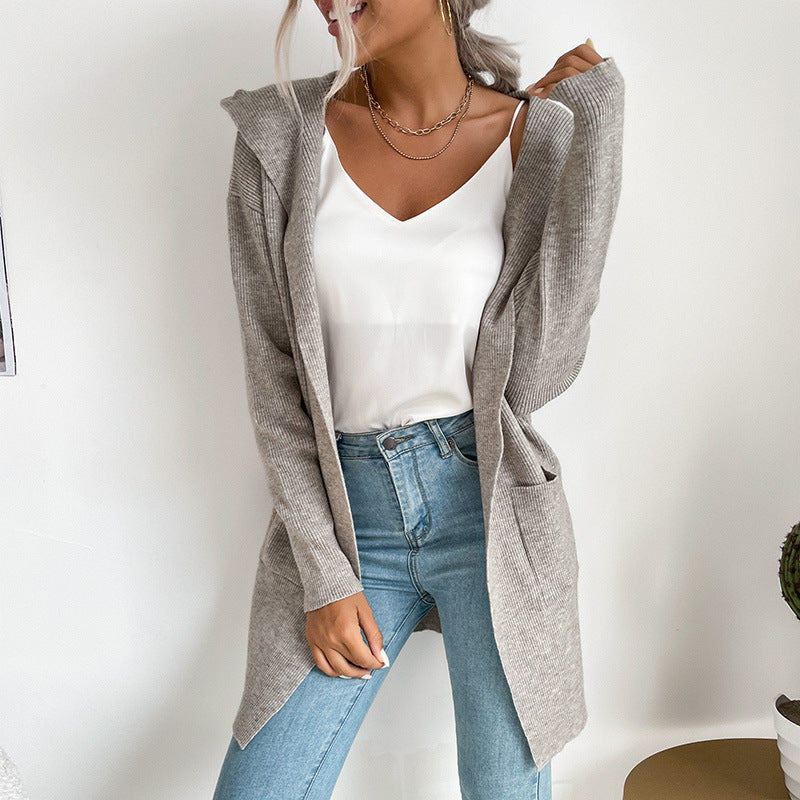 Damen Langärmlige Strickjacke mit Kapuze und seitlichen Taschen R&B
