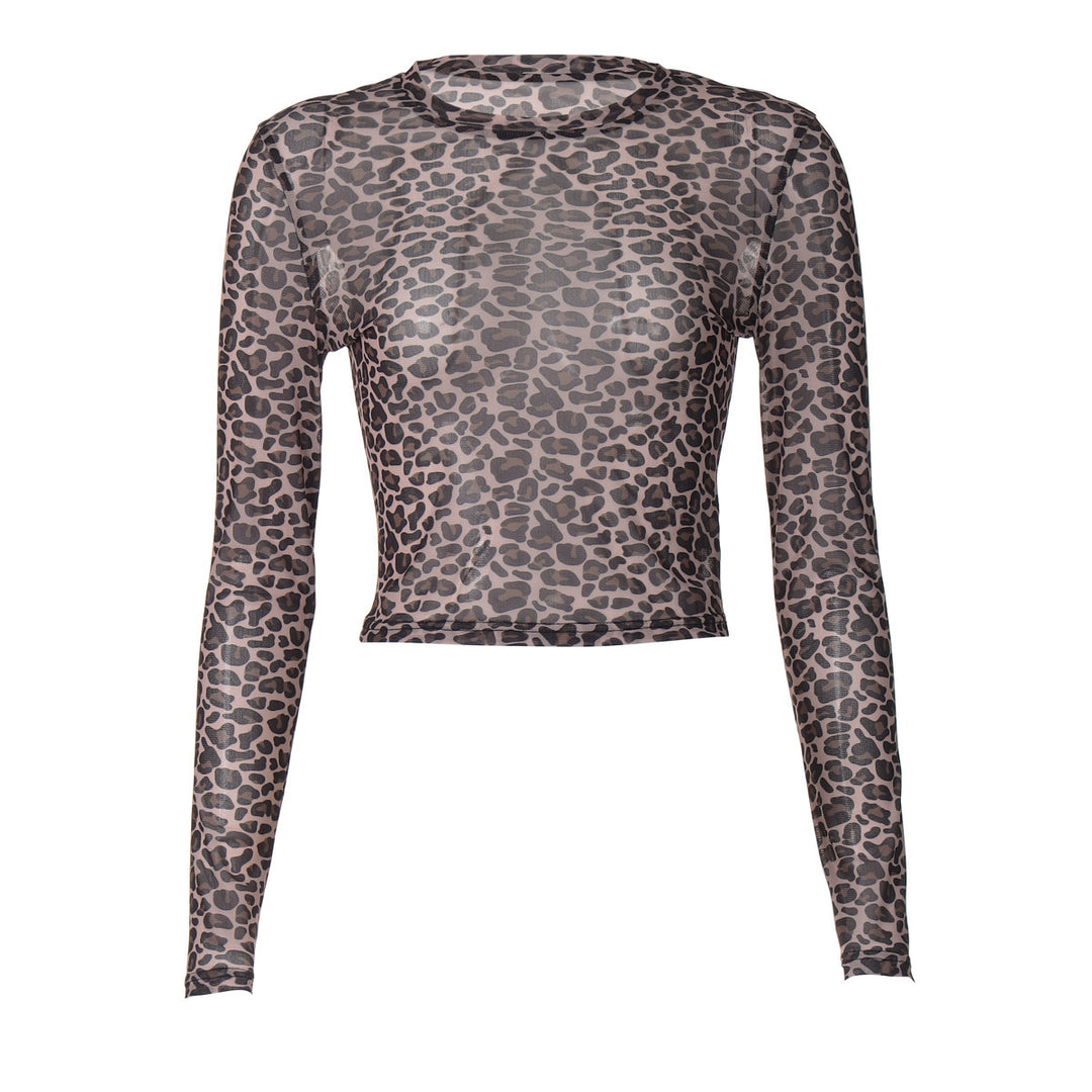Damen Modisches, figurbetontes Langarm-Crop-Top mit Leo-Muster R&B