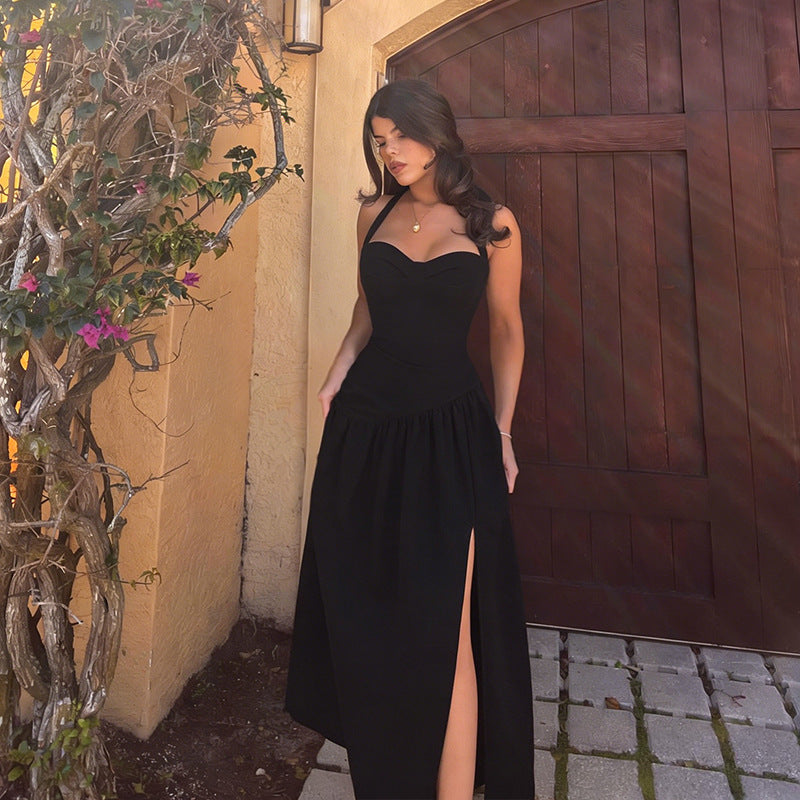 Damen schulterfreies Maxikleid mit raffiniertem Halterneck und fließendem Rock R&B