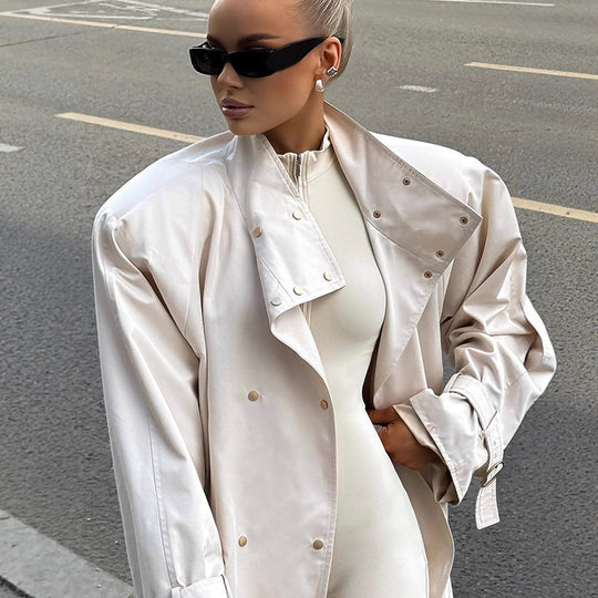 Damen oversized Trenchcoat mit doppeltem Kragen R&B