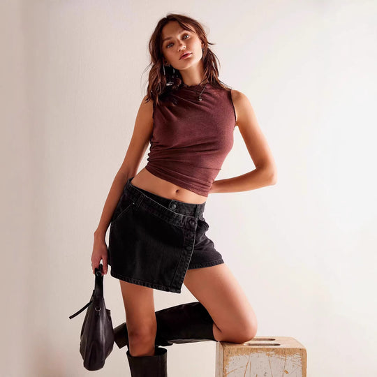 Damen modischer A-Linien-Denimrock mit asymmetrischem Knopfdesign und praktischen Taschen R&B