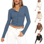 Damen figurbetontes Langarmshirt mit Knopfleiste und V-Ausschnitt R&B