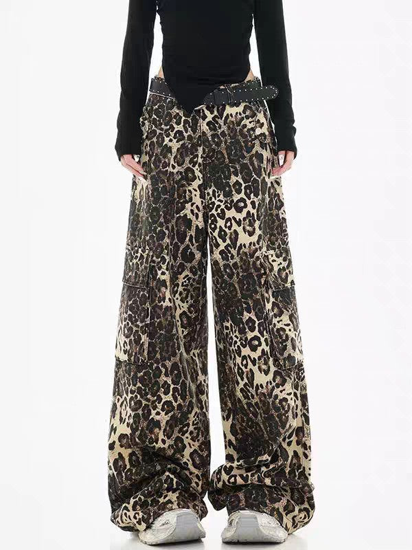 Damen Weite Cargohose im modischen Leopardenmuster mit praktischen Taschen und hohem Bund R&B