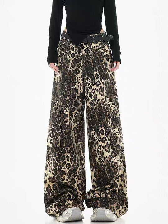 Damen Weite Cargohose im modischen Leopardenmuster mit praktischen Taschen und hohem Bund R&B