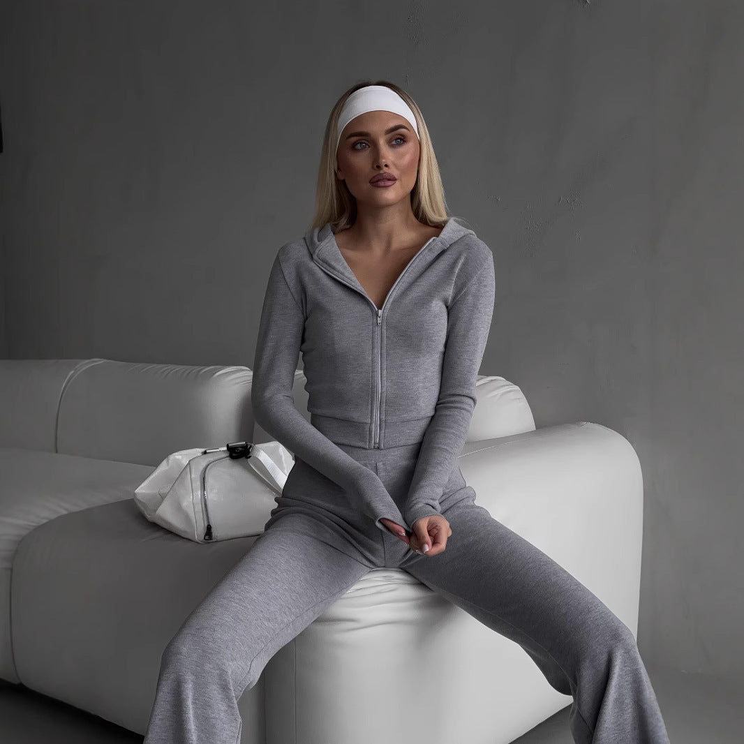 Damen sportliches Fleece-Set mit Zip-Hoodie und enganliegender Hose R&B