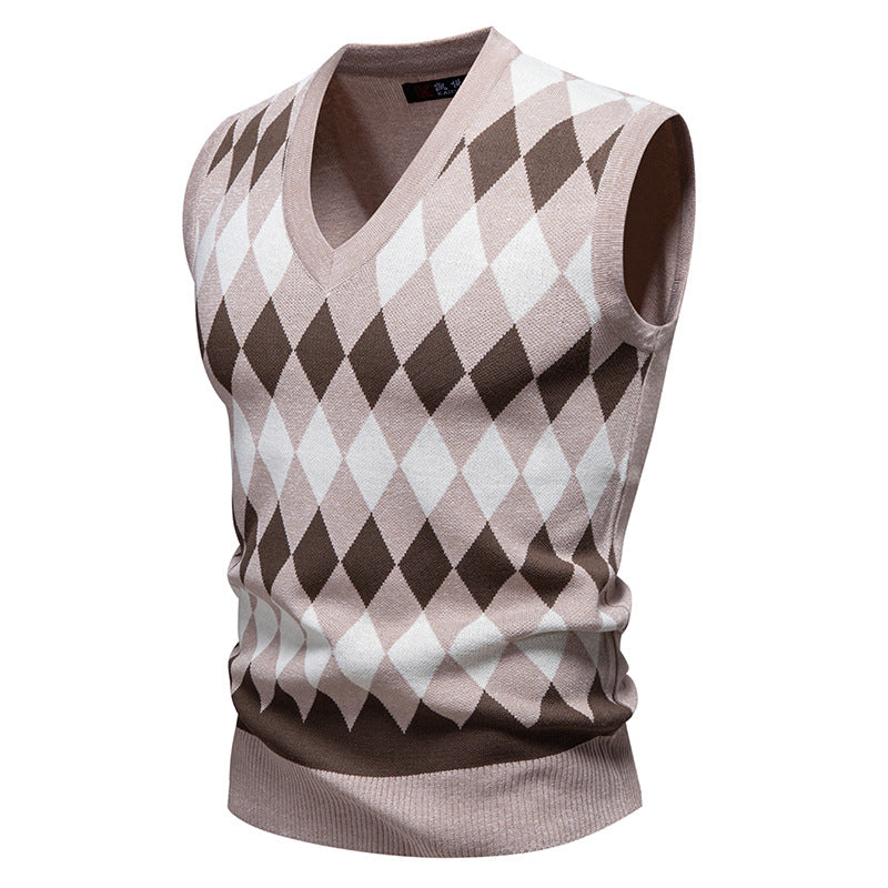 Herren ärmelloser Pullover mit rautenförmigem Muster und modernem V-Ausschnitt