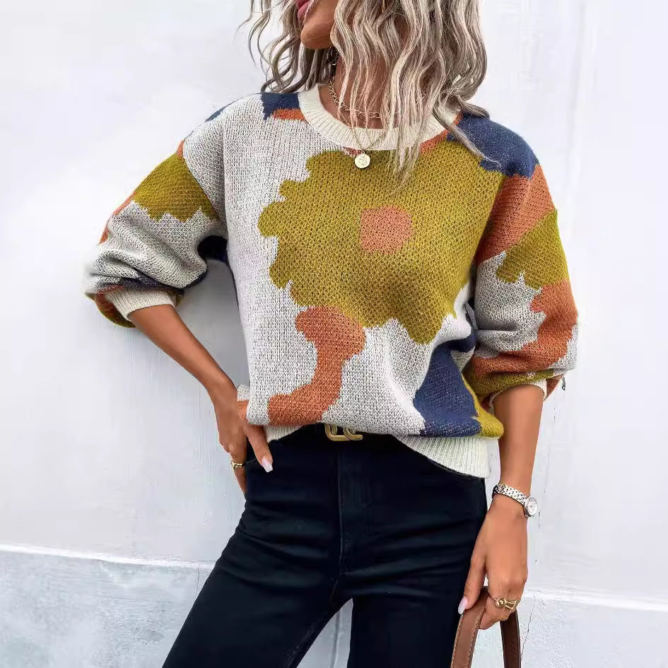 Damen modischer Pullover mit floralem Muster und weiten Ärmeln R&B