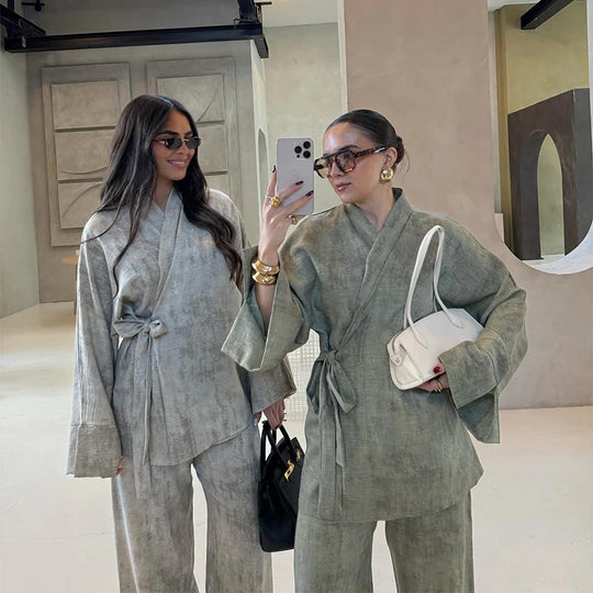 Damen Leichtes Loungewear Set mit Wickeljacke und weiten Haremshosen R&B