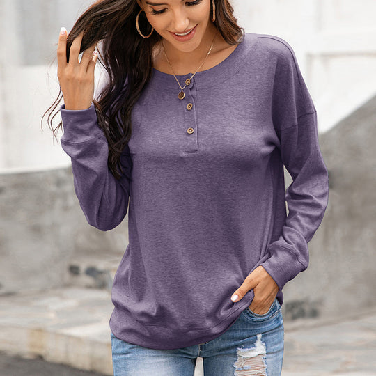 Damen gemütliches Langarm-Henley-Shirt mit Knopfleiste und tiefem Rundhalsausschnitt R&B