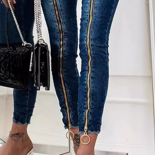 Damen High-Waist Jeans im modernen Design mit seitlichem Reißverschluss und Ring-Details R&B
