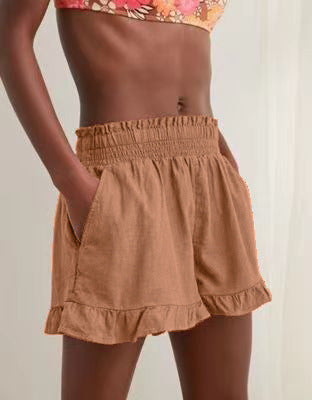 Damen Sommerkurze Hose mit elastischem Bund und fröhlichem Rüschensaum R&B