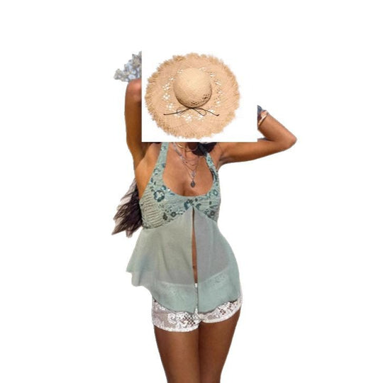 Damen Luftig-fließendes Strandtop mit Rüschendetails und transparenter Blende R&B