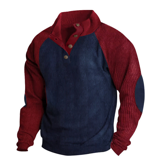 Herren nan Cordoptik-Halbknopf-Pullover mit Stehkragen, Raglanärmeln und Ellenbogenpatches R&B